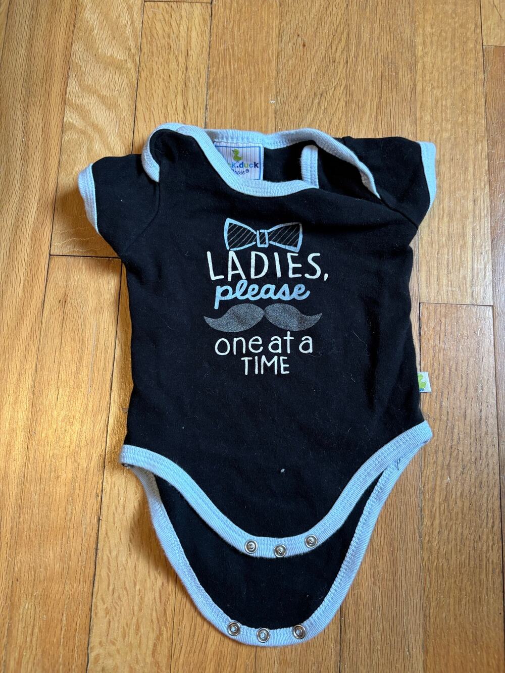 Duck Duck Goose Baby Bodysuit 6-9M Black - "Ladies Please One at a Time"